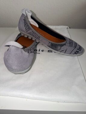 bernie mev. Gray Newspaper Print Suede Ballet Flats